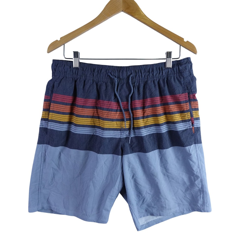 Hang Ten Mens Striped Swim Trunks Blue Orange Red Large Drawstring Board Shorts